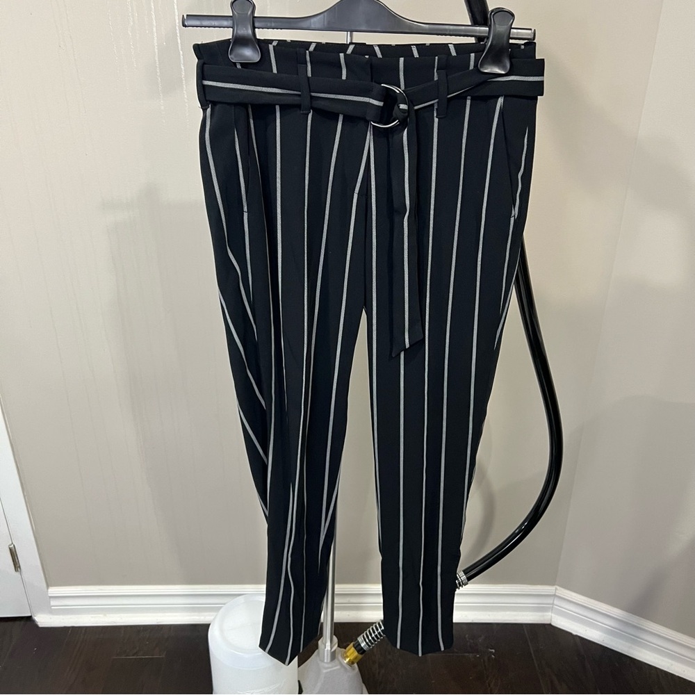Cambio 4- black/white Belted Wide Pinstripe Ankle Crop Pant, Retro 80’s